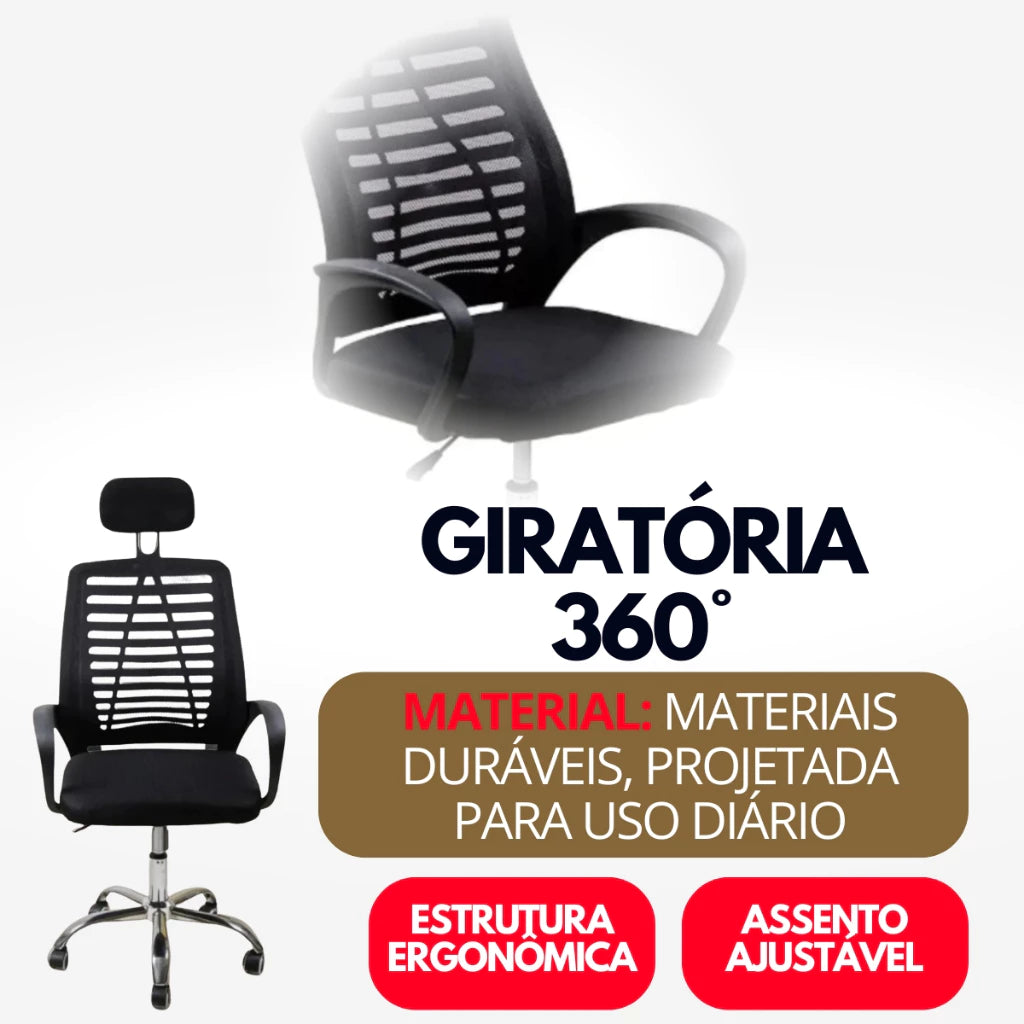 Cadeira De Escritório Giratória Cor Preto Estofado Mesh Com Apoio Encosto Para Cabeça