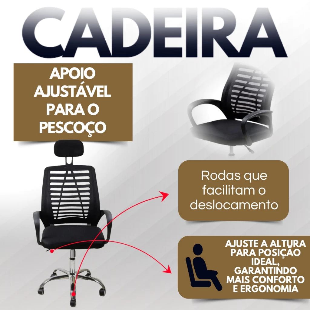 Cadeira De Escritório Giratória Cor Preto Estofado Mesh Com Apoio Encosto Para Cabeça