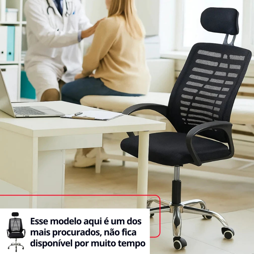 Cadeira De Escritório Giratória Cor Preto Estofado Mesh Com Apoio Encosto Para Cabeça