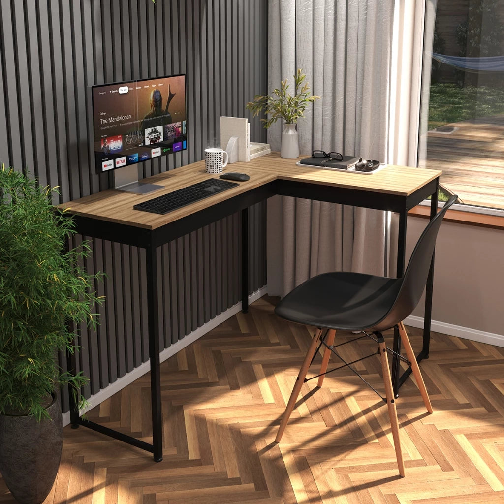 Escrivaninha Mesa de Canto Escritório Home Office em L 110cm Apoio Industrial Preto Tampo Mesa em L Laminado Pier