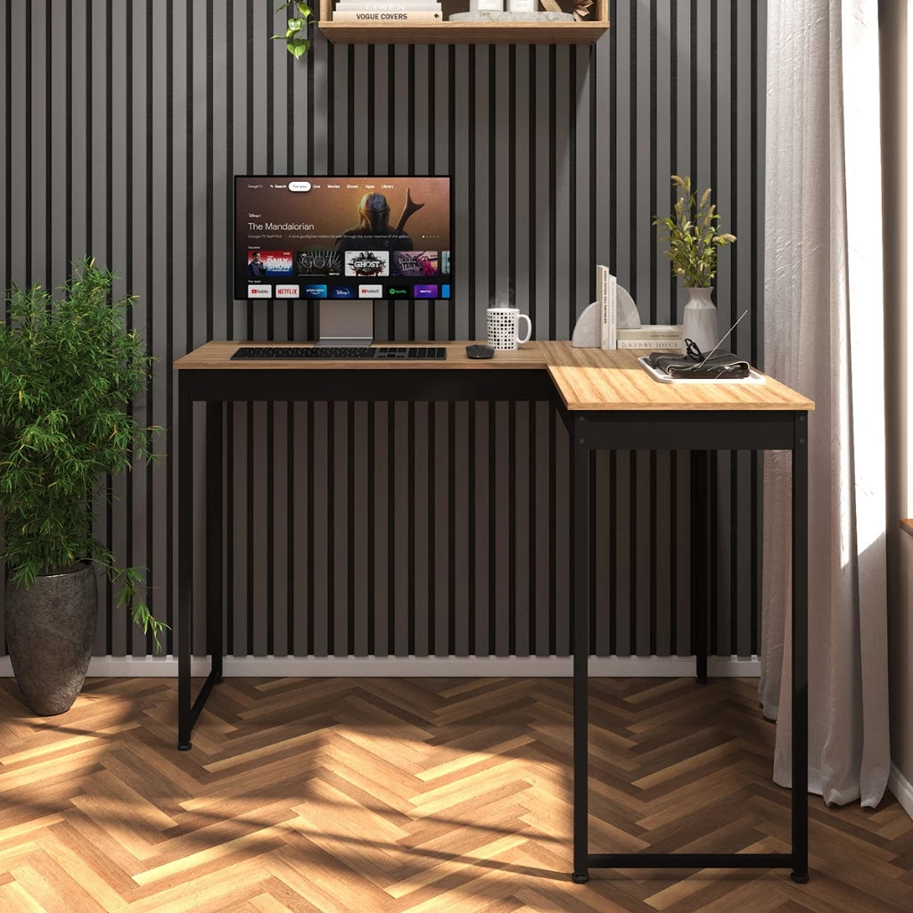 Escrivaninha Mesa de Canto Escritório Home Office em L 110cm Apoio Industrial Preto Tampo Mesa em L Laminado Pier