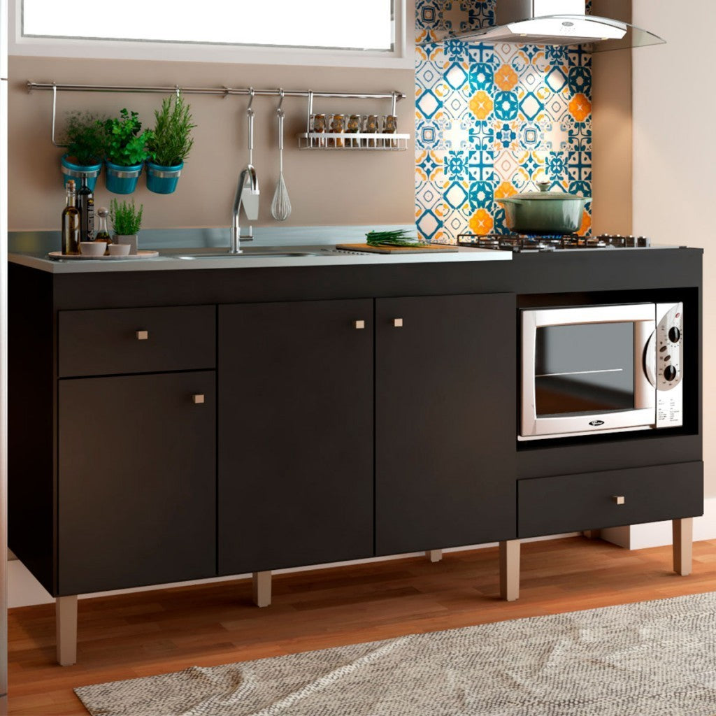 Armário de Cozinha Compacta para Pia 3 Portas 2 Gavetas Espaço para Forno e Cooktop Itália Preto