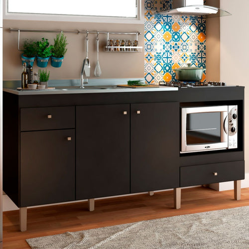 Armário de Cozinha Compacta para Pia 3 Portas 2 Gavetas Espaço para Forno e Cooktop Itália Preto
