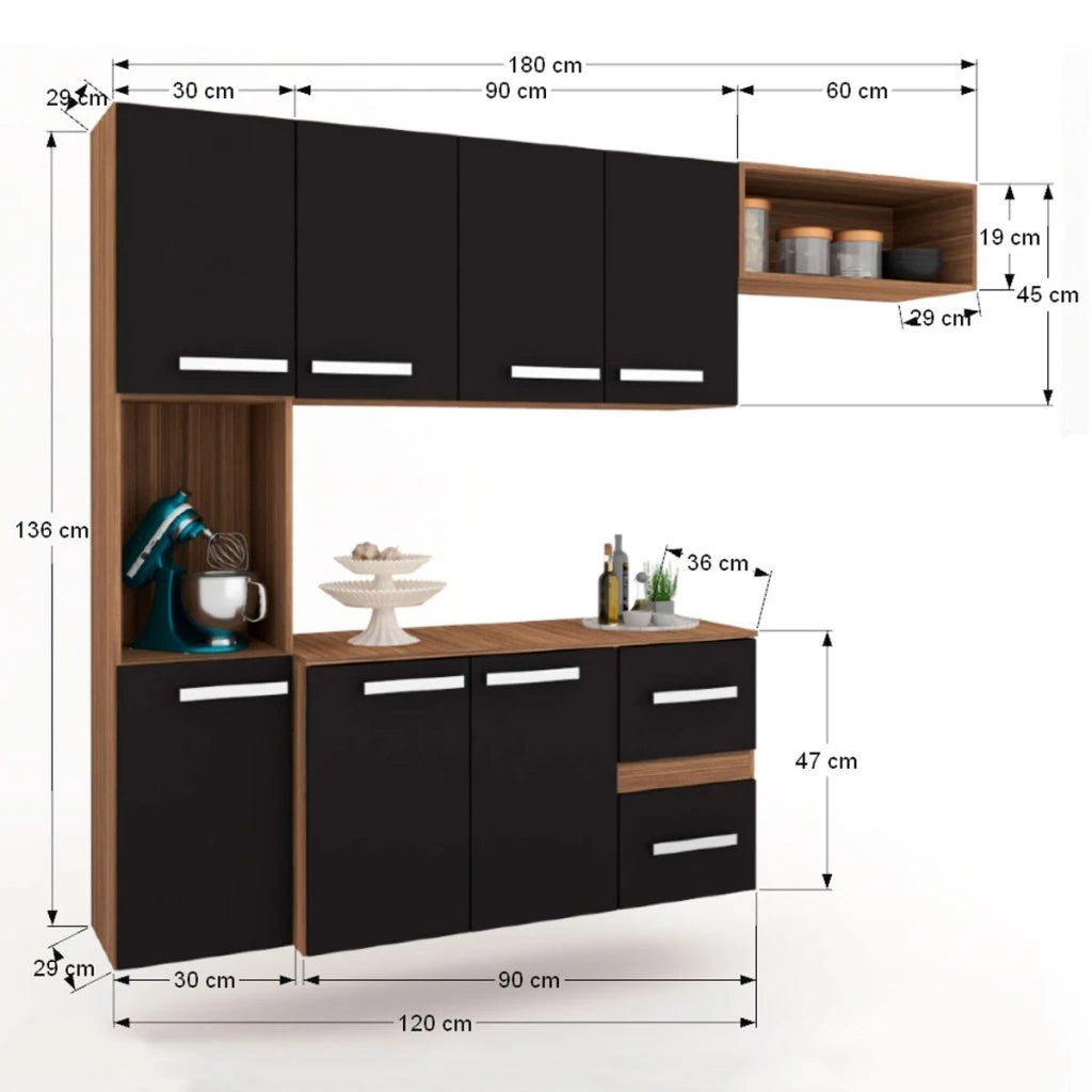 Cozinha Compacta 7 Portas 2 Gavetas Suspensa Armário e Balcão Jéssica