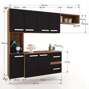 Cozinha Compacta 7 Portas 2 Gavetas Suspensa Armário e Balcão Jéssica