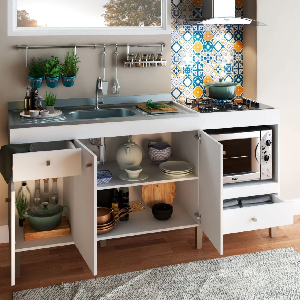 Armário de Cozinha Compacta para Pia 3 Portas 2 Gavetas Espaço para Forno e Cooktop Itália Branco