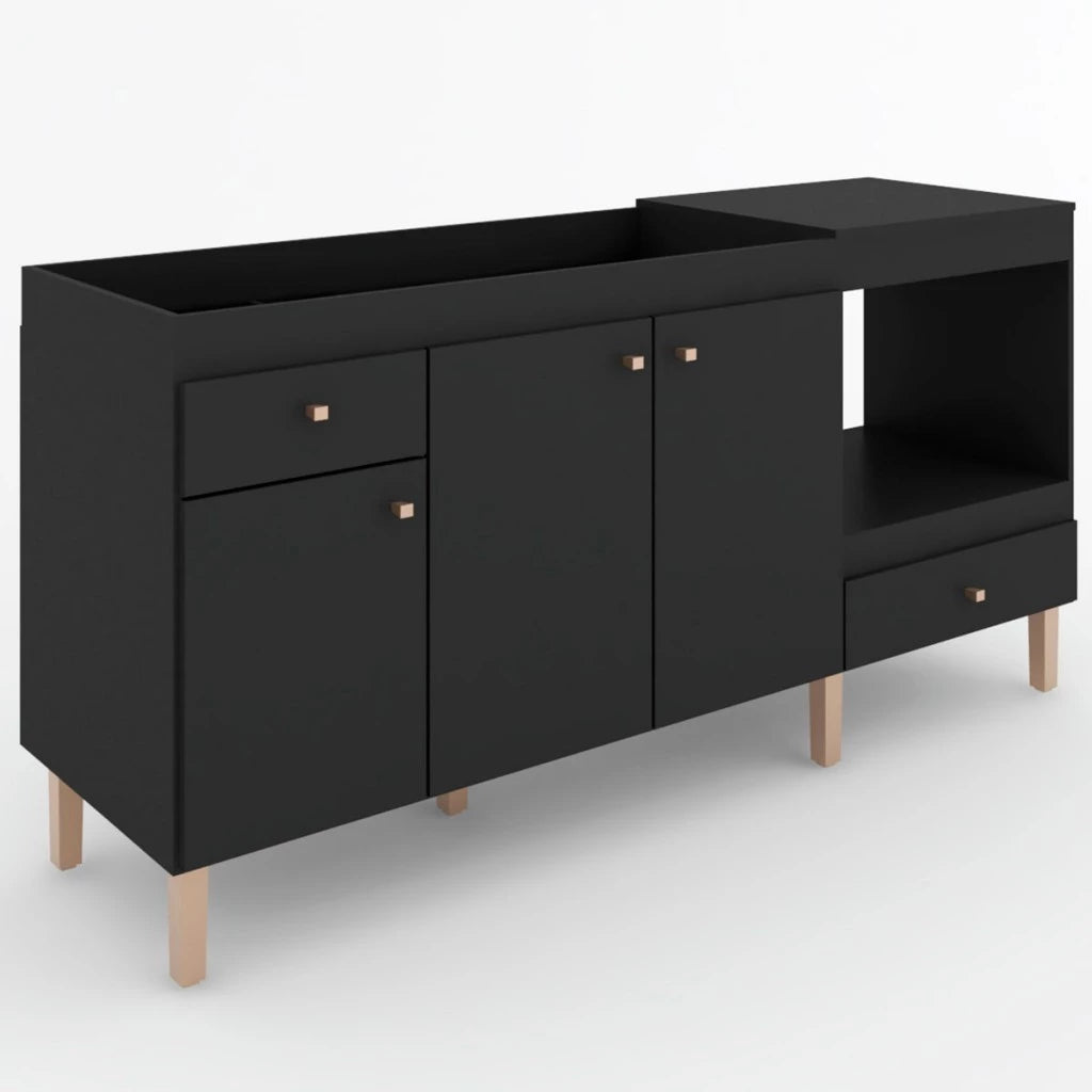 Armário de Cozinha Compacta para Pia 3 Portas 2 Gavetas Espaço para Forno e Cooktop Itália Preto