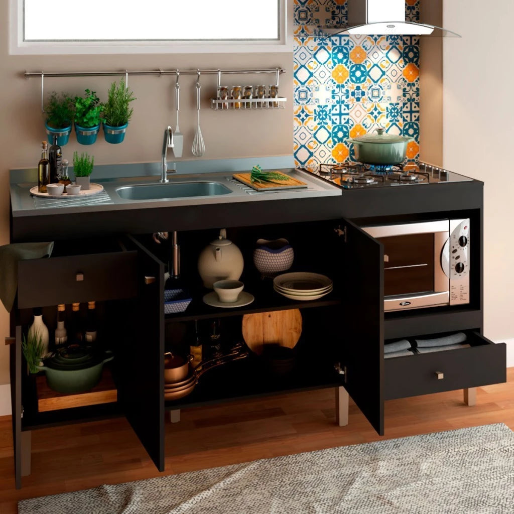 Armário de Cozinha Compacta para Pia 3 Portas 2 Gavetas Espaço para Forno e Cooktop Itália Preto
