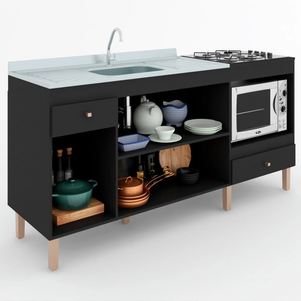 Armário de Cozinha Compacta para Pia 3 Portas 2 Gavetas Espaço para Forno e Cooktop Itália Preto