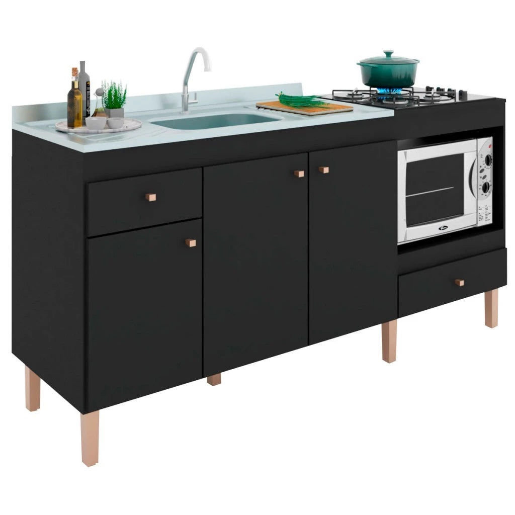 Armário de Cozinha Compacta para Pia 3 Portas 2 Gavetas Espaço para Forno e Cooktop Itália Preto
